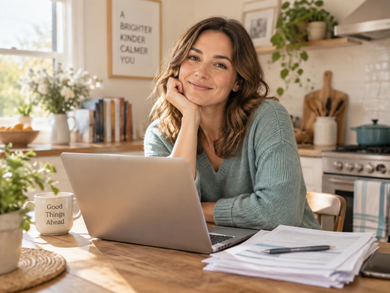 A woman at her kitchen table reviewing legal documents on her laptop